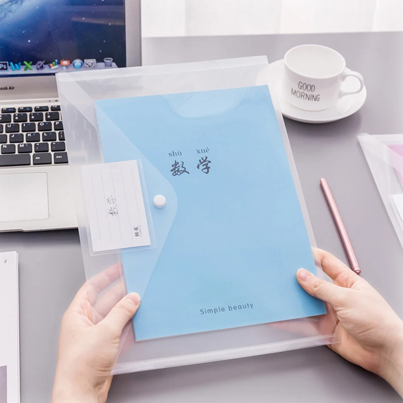 

1PC A4 Transparent Folder Button File Bag Large Capacity Plastic Document Bag Office File School Test Paper Storage Bag