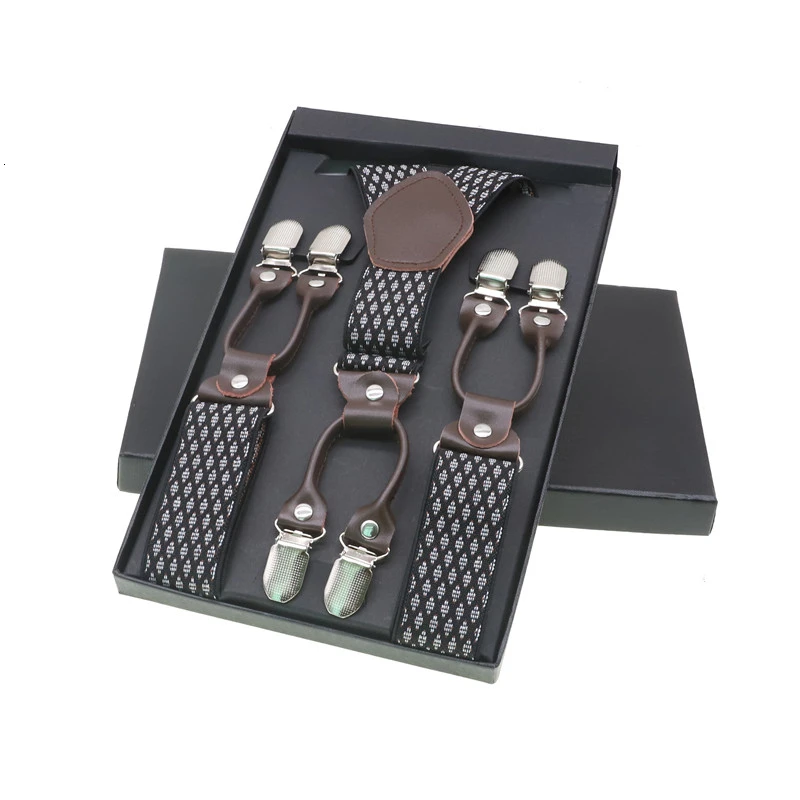 2 With Box Мужские модные подтяжки коричневые из натуральной кожи 6 зажимы подтяжек винтажные повседневные брюки в западном стиле регулируемые подтяжки - Цвет: 2 With Box