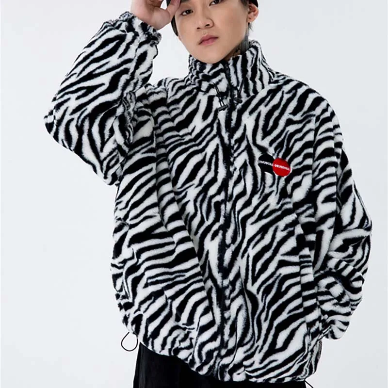 

Mens Sherpa Fleece Parkas Men Loose Size Jacket 2020 AW HipHop Oversize Cotton Padded Woolen Couple Zebra Pattern Jackets Tops