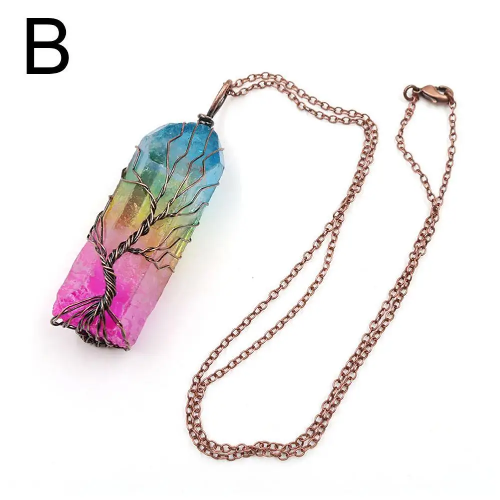 Natural Stone Rainbow Quartz tree of life Pendant Necklace Women Men Pendulum Reiki Healing Chakra Boho Jewelry Colorful - Окраска металла: B