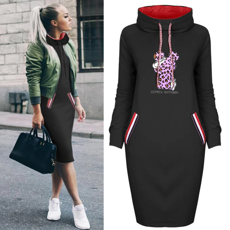 

Disney Dresses Women for 2021 Mickey Mouse Print Bodycon Midi Dress Pockets Half High Collar Robe Femme Autumn Vestido Casual