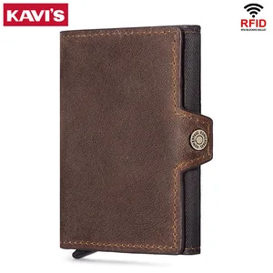 kavis rfid leather credit card holder men slim anti protect travel id cardholder small coin purse wallet metal case porte carte free global shipping