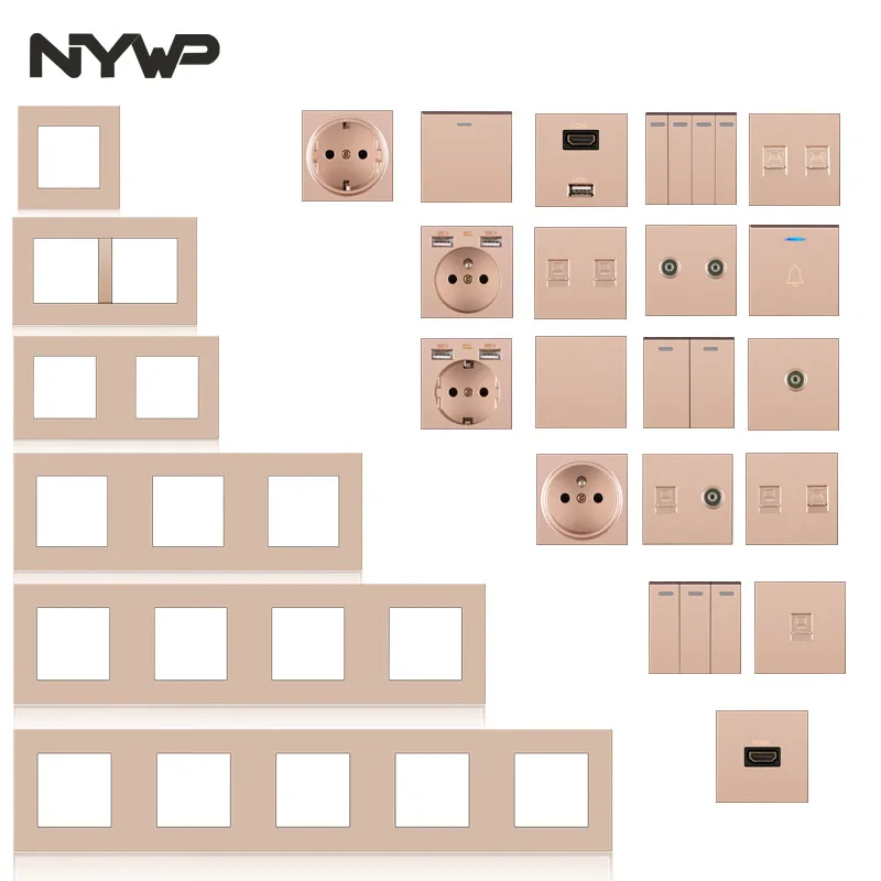 

nywp wall mount module diy European standard PC golden panel power socket switch button function free combination