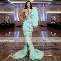 new formal lace ball mermaid dress one shoulder long sleeved split end blue sexy sweep evening dress