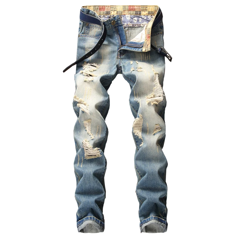 2021 Fall Personality Trend Brand Slim Straight Jeans Classic Hip Hop Style Ripped Hole Fashionable Young Men's Denim | Мужская