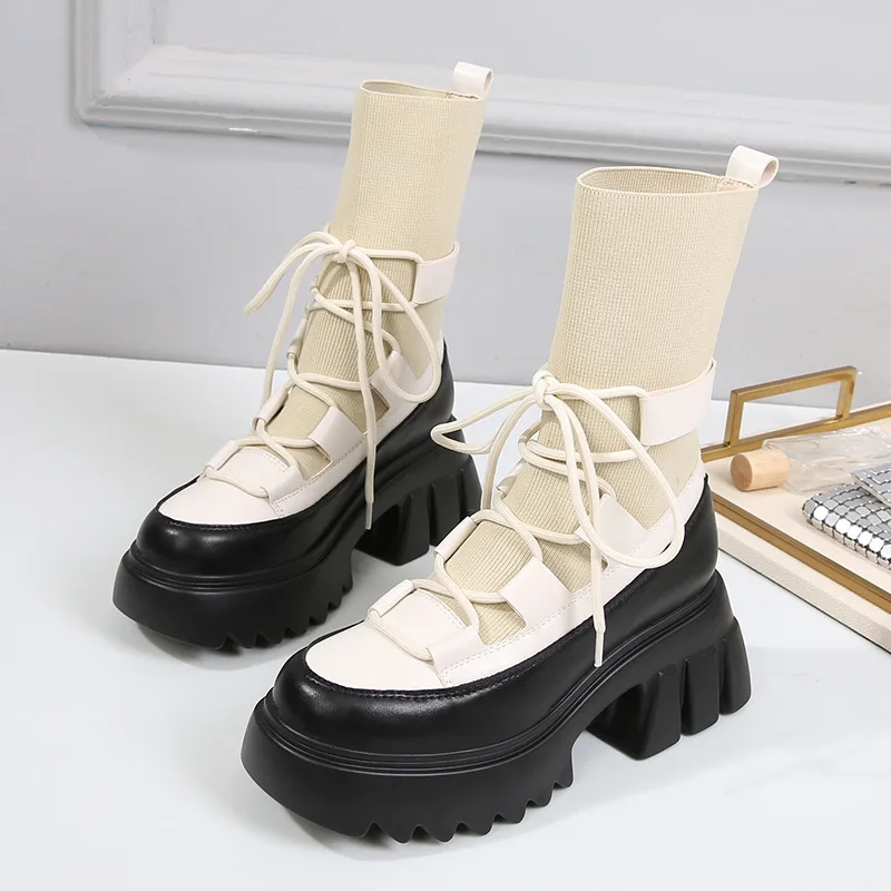 

Boots Woman 2021 New Ladies Casual Stretch Fabric Socks Boots Fashion Cross-tied Women Shoes Platform Boots Gothic Women