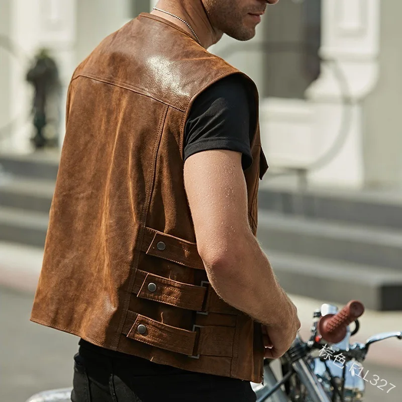 

Men Vest Jacket Leather Sleeveless Four Seasons Metal Buckle Motorcycle Adult Casual Zipper PU Round Neck Leather Jacket