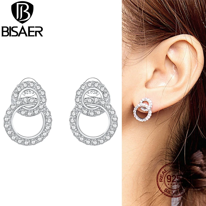 Женские серьги гвоздики BISAER круглые из настоящего стерлингового серебра 925 пробы с цирконием роскошные