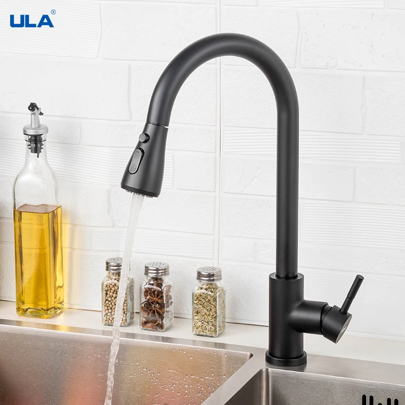 ULA-grifo de acero inoxidable para fregadero de cocina, rociador con caño extraíble, mezclador de agua fría y caliente, color negro