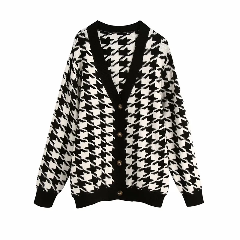 

Evfer Women Autumn Casual Houndstooth Black Knitted Cardigans Sweater Laides Fashion V-neck Long Sleeve Plaid Sweaters Chic