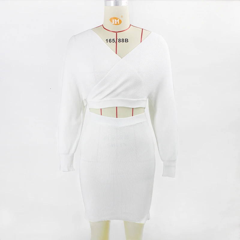 Fuedage Spring Sexy Two Piece Set Women V Neck Batwing Sleeve Hollow Out 2 Knitting Party Outfits |