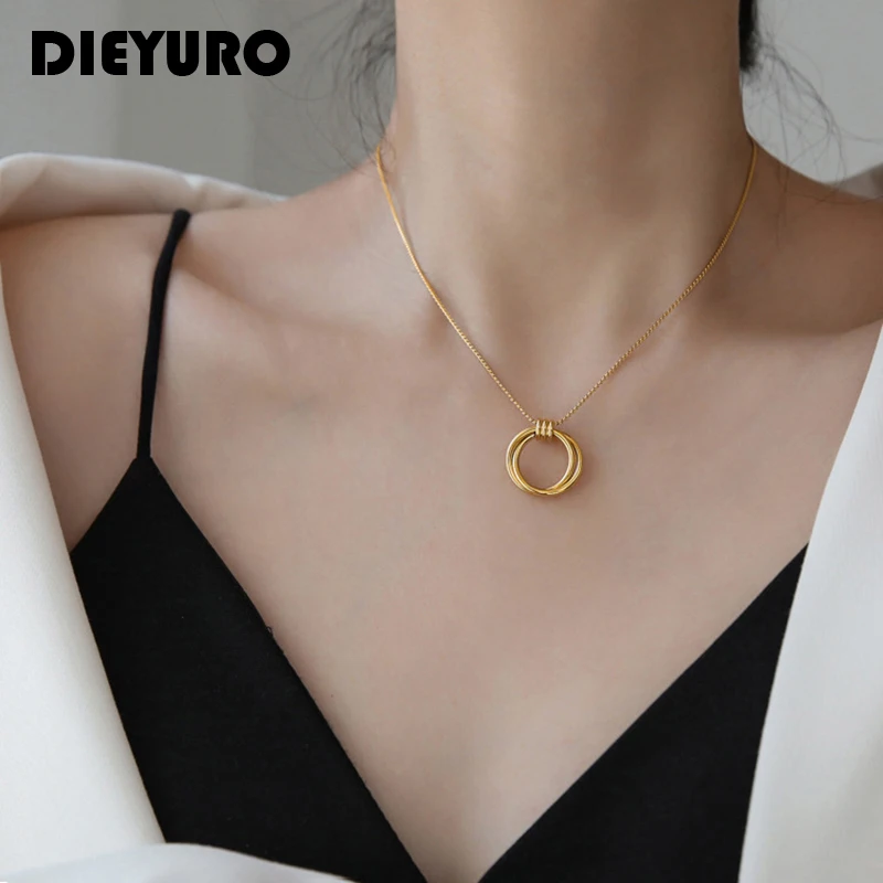 

DIEYURO 316L Stainless Steel Simple Plain Circle Pendant Necklace For Woman 2 Colors Fashion All-match Jewelry On Neck One Piece