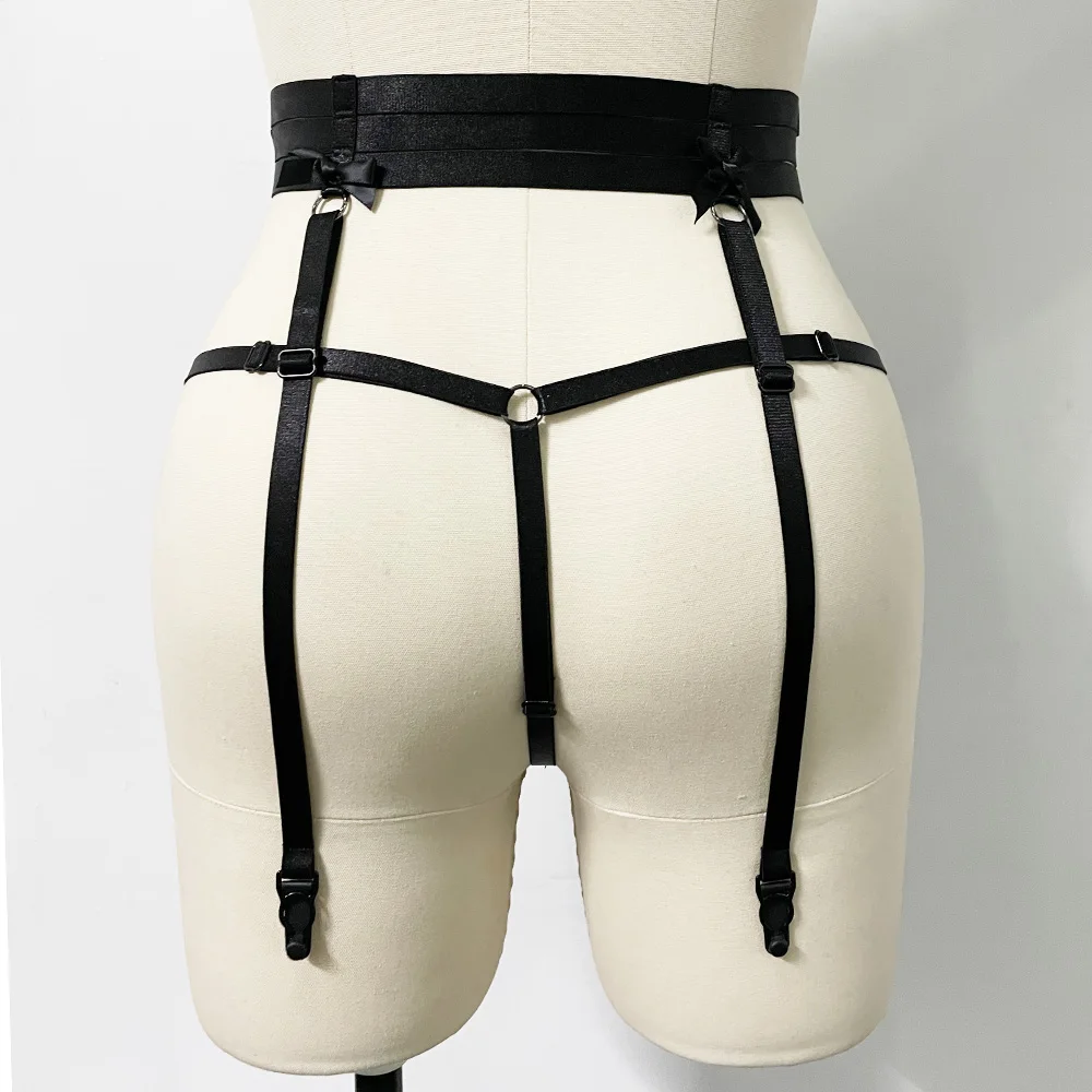 Black Bow Harness Garter Belt Elastic Lace Pantie G-String Sexy Lingerie Hollow Body Cage Goth Rave Bondage Body Harness Garters