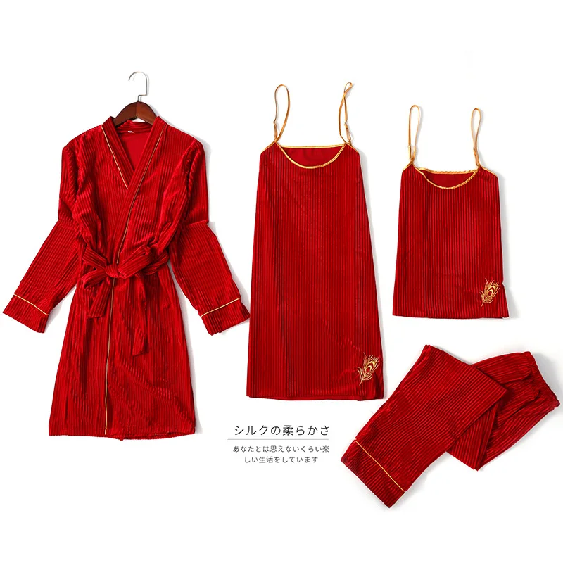 Autumn Winter Warm 3 Pieces Pajamas Set Women Sexy Sleepwear For Sleeveless Strap Nightwear Long Pant Robe | Женская одежда