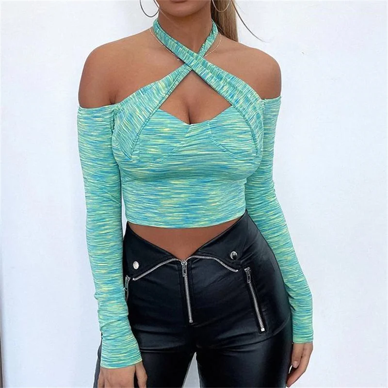 

CHRONSTYLE Criss-corss Halter T-shirts Crop Tops Women Low Cut Off Shoulder Long Sleeve Fall Spring Slim Backless Pullover Tops