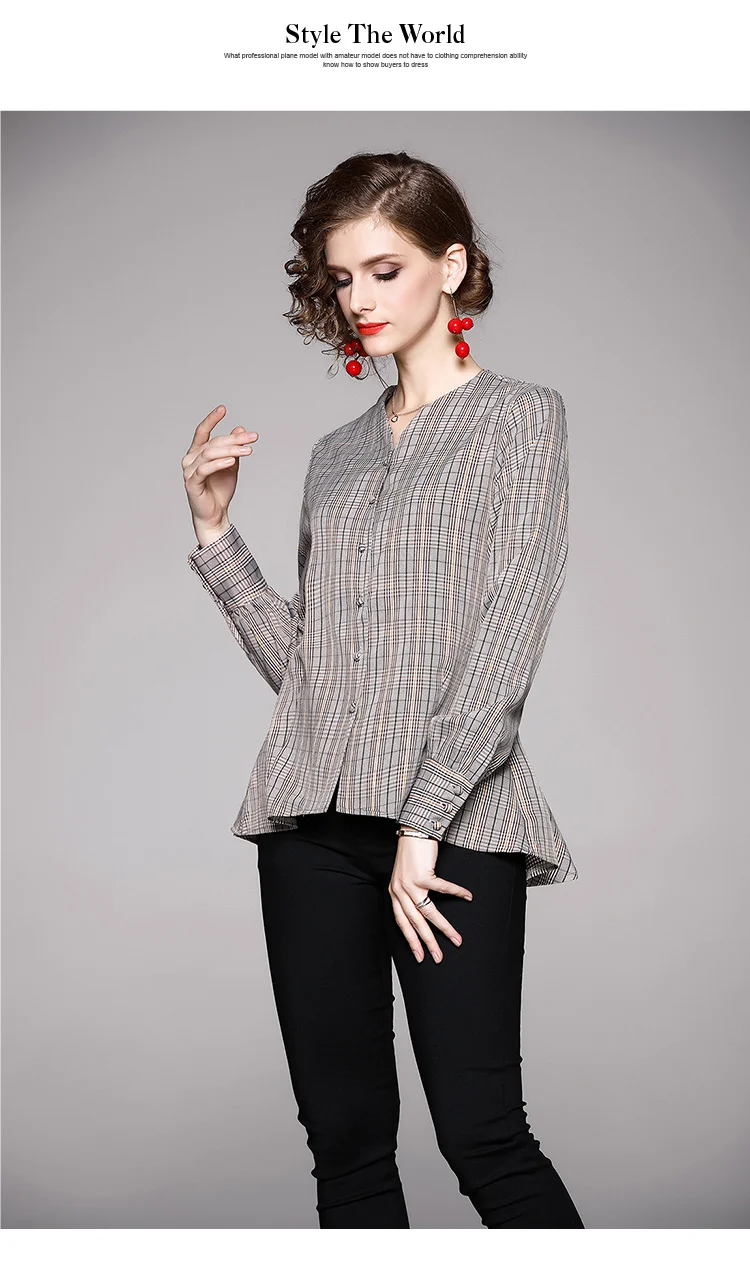 

Spot film - European new women's autumn/winter grid cultivate one's morality dovetail long sleeve shirts