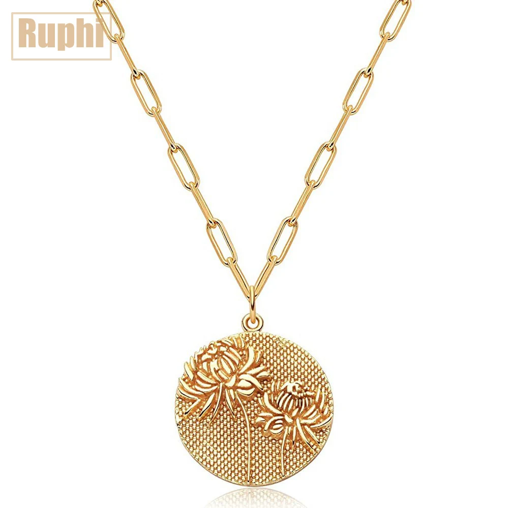 

Women New Flowers Coin 12 Months Horoscope Zodiac Sign Real Gold Color Pendant Necklace 12 Constellations Jewelry Holiday Gifts