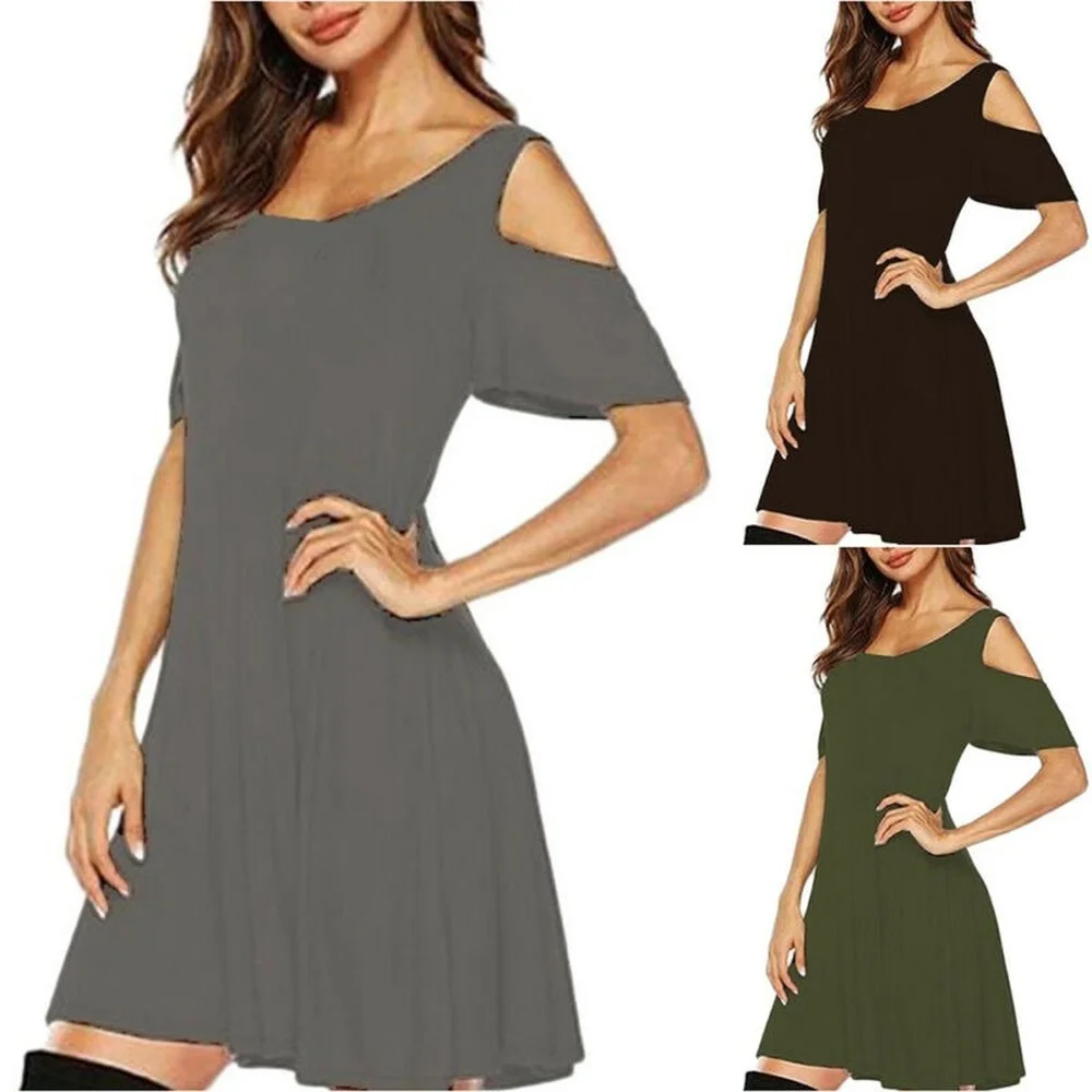 

Womens Cold Shoulder Short T-Shirt Dress Plain Casual Baggy Loose Mini Sundress