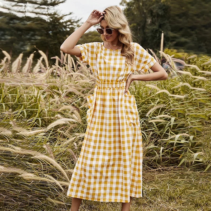 

Women's Casual Plaid Pockets Backless Button Dresses Female Summer Sexy Mid-calf Vintage A-line Clothing Ladies Short Sleeve