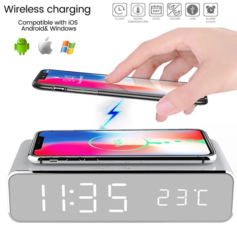 

Wireless Charger Digital Thermometer Alarm Clock LED Smart Digital Clock Table Electronic Desktop Clocks Phone USB Fast Charger