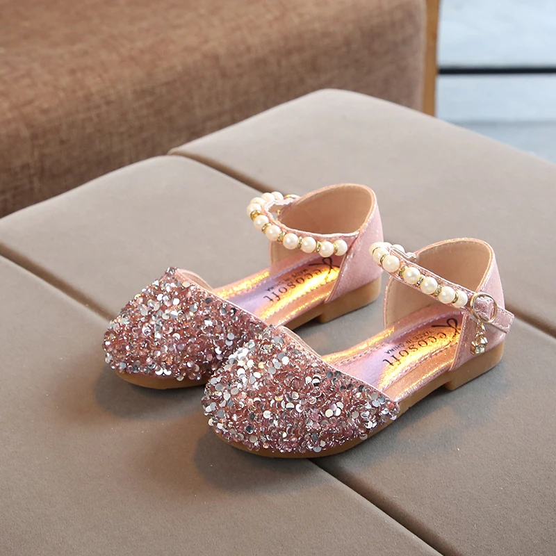 Kids Flat Shoes PU Leather Bling Sequin Mary Jane Pearl Metal Decor for Wedding Party Pink Princess D35 |