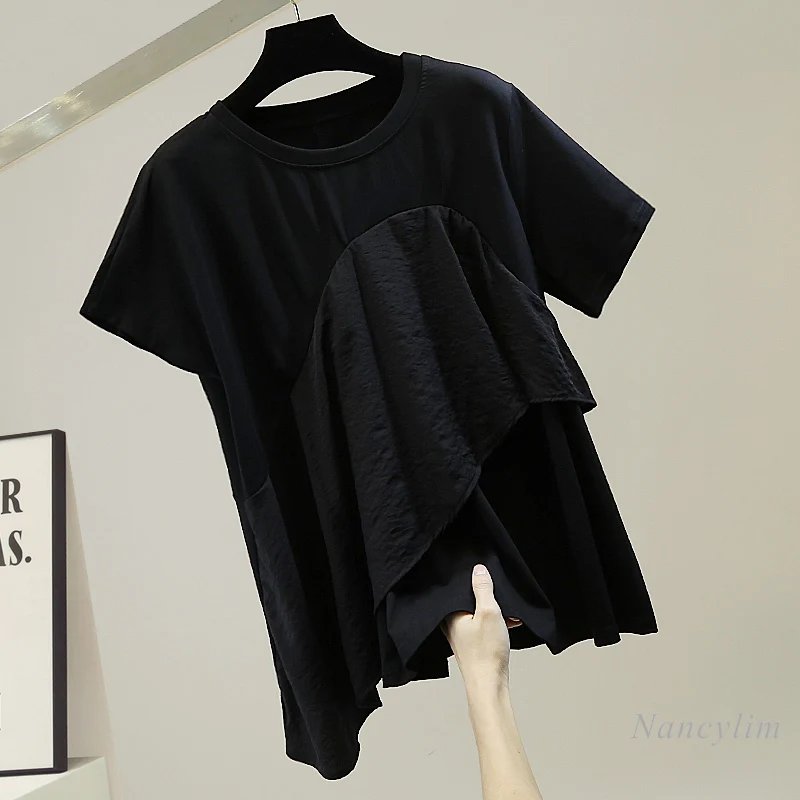 

Fashion Chiffon Irregular Stitching Casual Loose Pullover Short Sleeve T-shirt Women 2021 Spring Summer New Korean Style Top