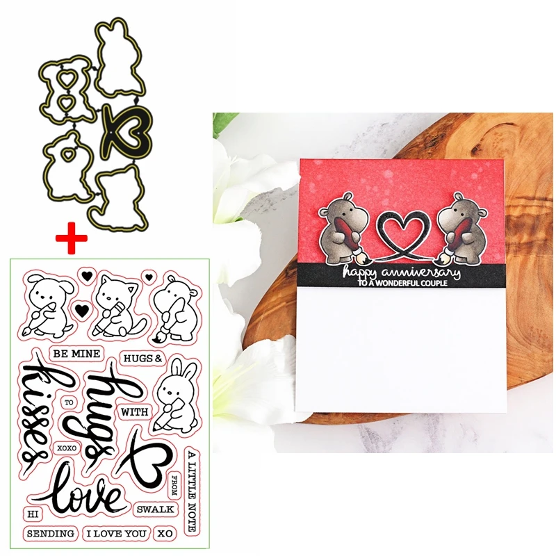 

Hippopotamus Rabbit Puppy Animals Love Note Hug Kisses Metal Cutting Dies With Clear Transparent Stamps DIY Craft Cards 2020