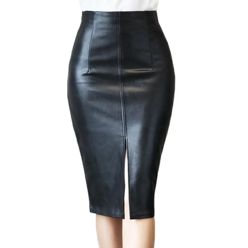 

Black PU Leather Skirt Women Midi Sexy High Waist Bodycon Split Work Skirt Office Pencil Skirt Knee Length 2021 New