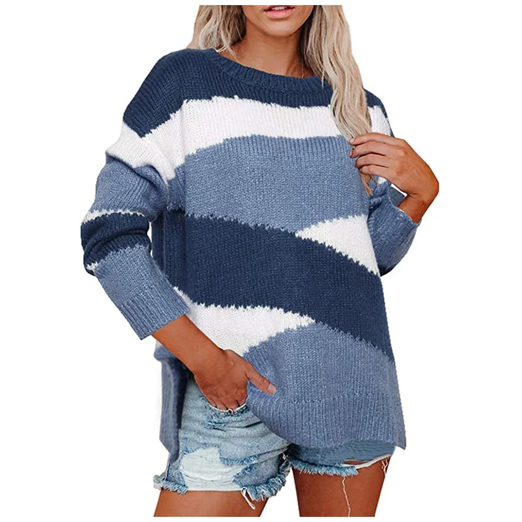 

Women Sweater Long Sleeve Casual Knit Jumper Pullover Tops Thin color contrast stitching knit pullover crew neck sweater