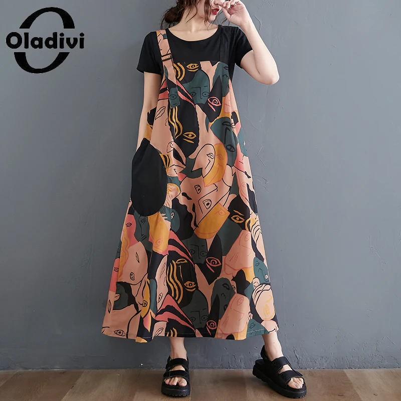 

Модное платье Oladivi с принтом для женщин, повседневные свободные платья без рукавов, сарафан оверсайз, Новинка лета 2022, платья, халат 3199