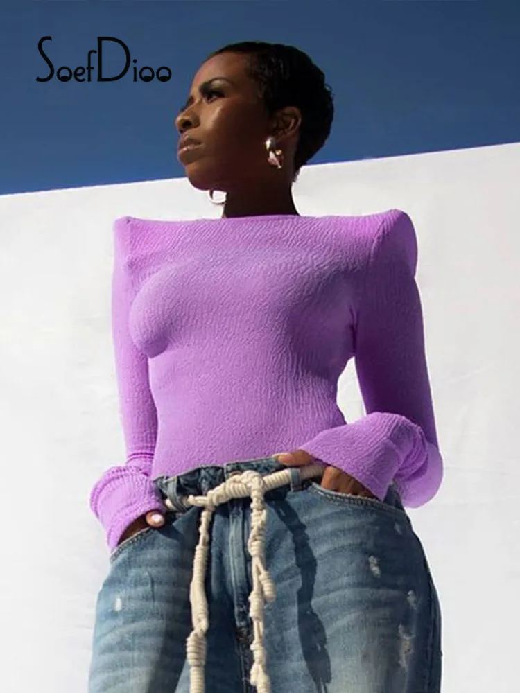 

Soefdioo Solid Round Neck Full Sleeve Shoulder Pad Pullover Tops Women Tshirts Casual Slim Tees Fall 2021 Fashion Streetwear