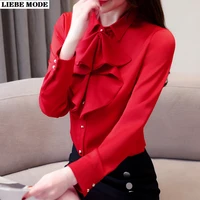 korean style work shirts blouses for women with vintage ruffle collar tops and blouses long sleeve office formal chiffon shirt