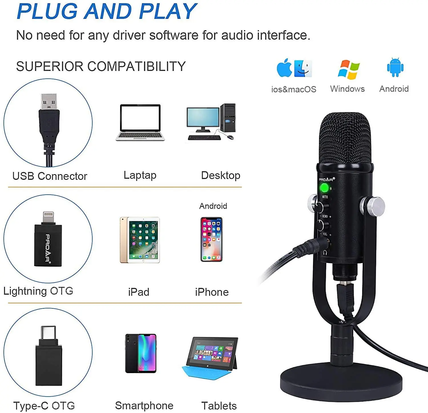 

Profession Condenser Microphone for Phone Karaoke Gaming Studio Recording USB Microphone for PC Computer mic Stand Pop Filter