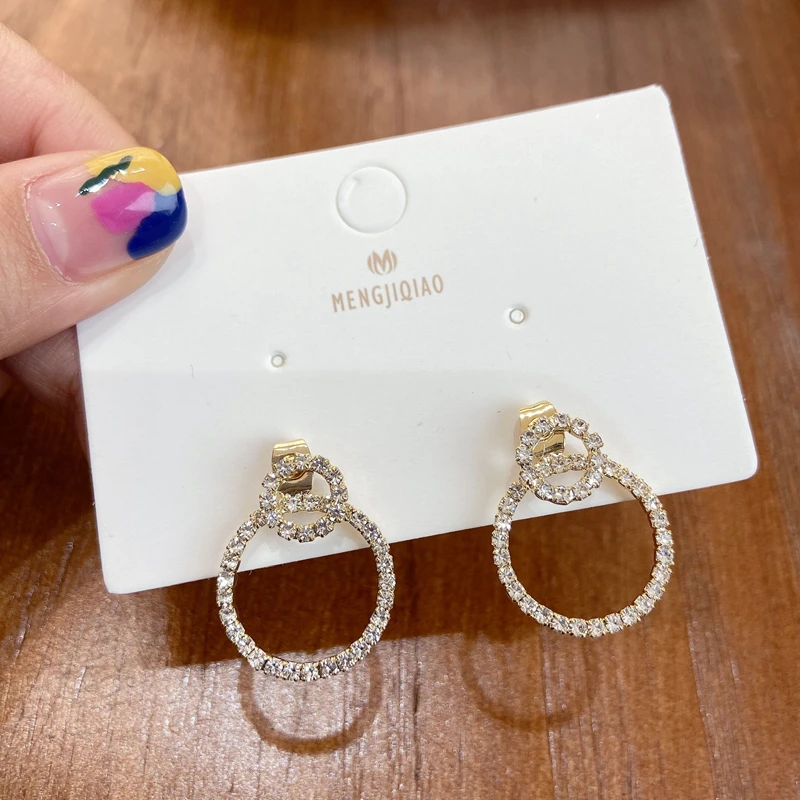 

MENGJIQIAO Korean Elegant Cute Micro Paved Zircon Double Round Drop Earrings For Women Girls Fashion Pendientes Jewelry Gifts