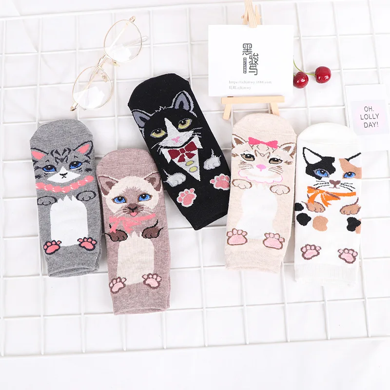 5 Pairs New Fashion Harajuku Spring Autumn Women Socks Cotton Breathe Cartoon Kawaii Cute love Cat Socken Girl Happy Funny Socks