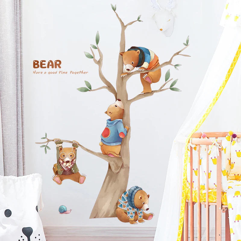 

Cartoon Bear on The Tree Wall Stickers Home Decor Children's Room Layout Bedroom Backdrop Wall Decoration 3D Stereo Decals Mural