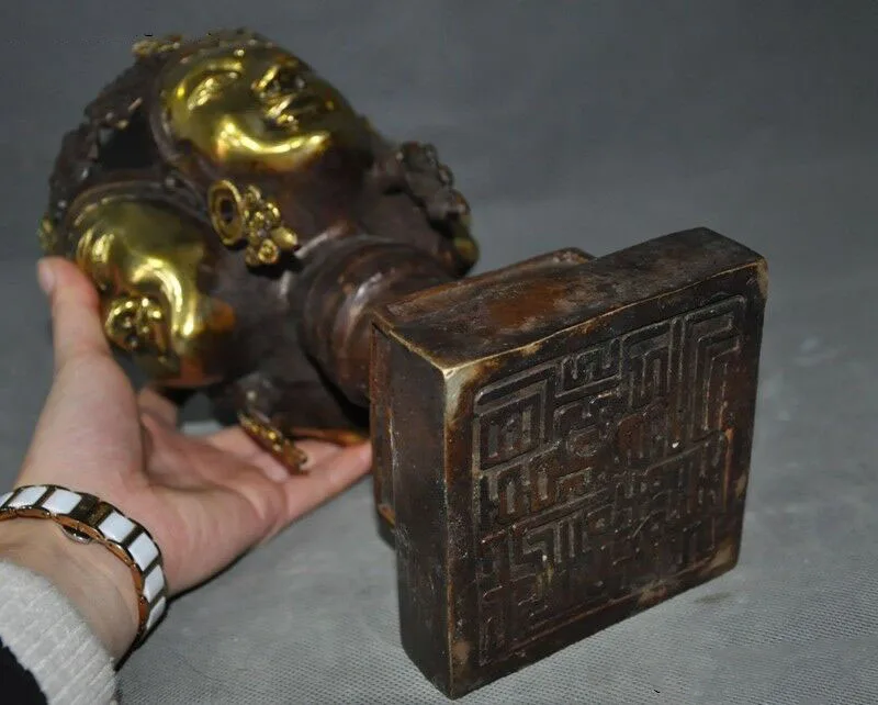 

wedding decoration Antique Tibet bronze Gilt Tara Kwan-Yin Guan Yin Buddha head Seal stamp signet