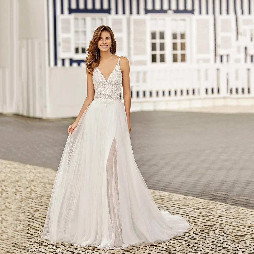 

V Neck Spaghetti Straps Wedding Gown Sexy Backless High Side Slit Bridal Dress A Line Modest Tulle Simple Vestido De Novia