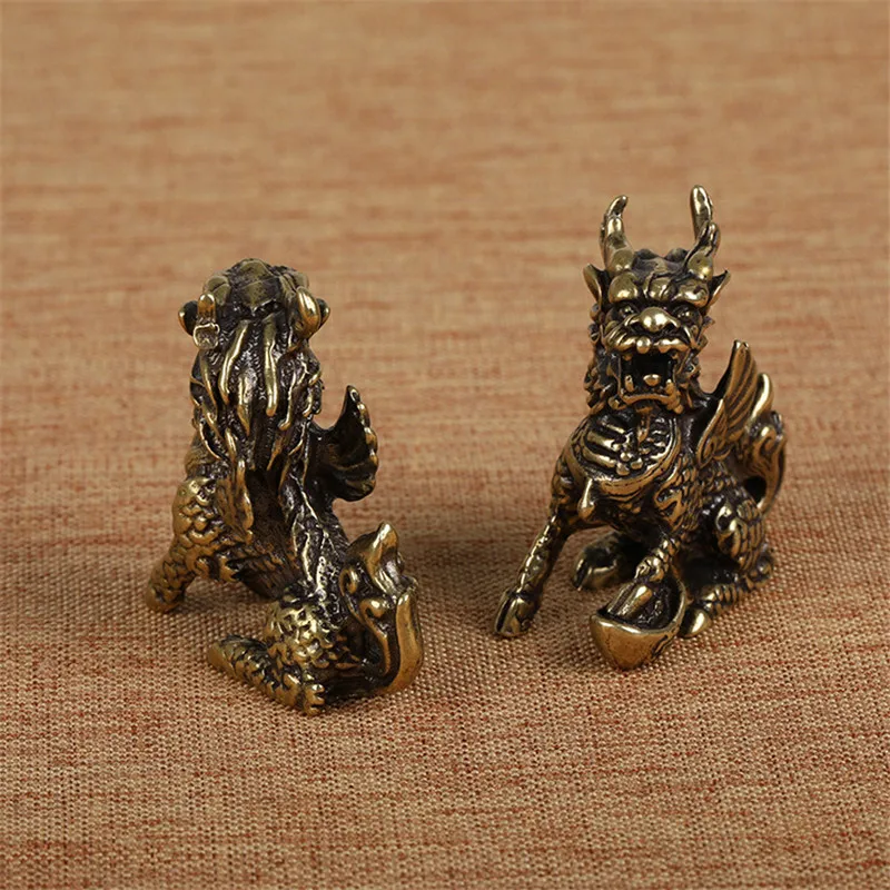 Античная бронза мифический китайский зверь Qi Лин статуя 1 пара Медь украшения
