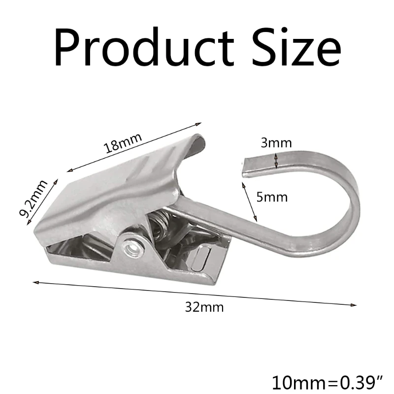 

100pcs Curtain Clips with Hooks Wide Flat Stainless Steel Shower Drapery Clip N1HA