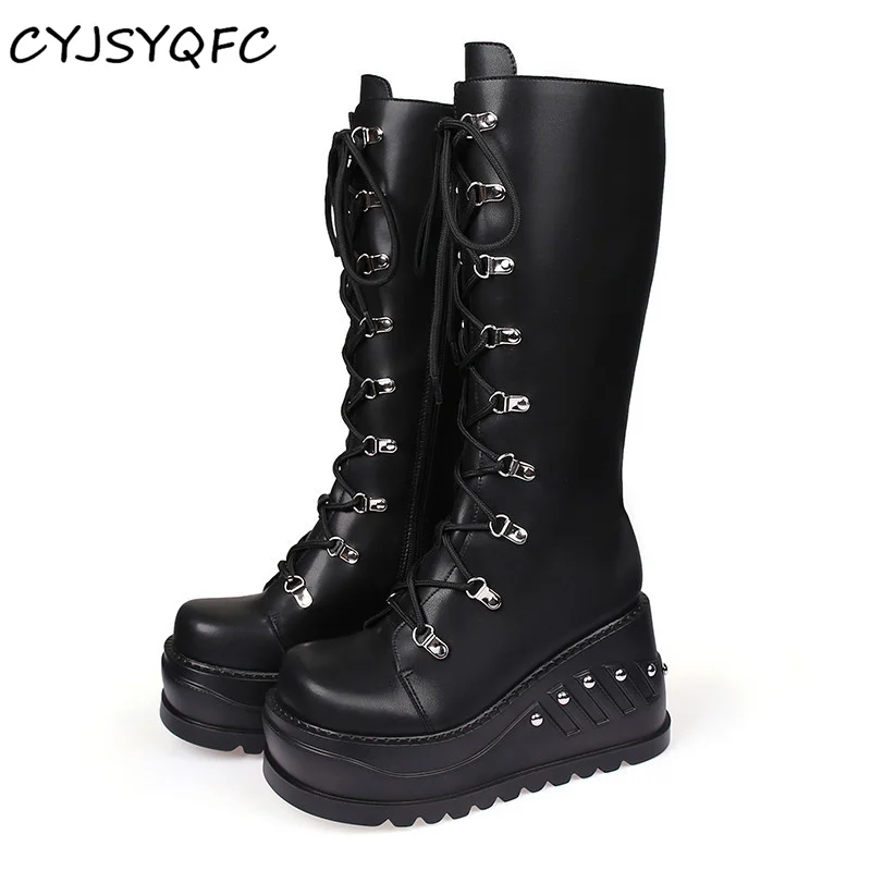 

CYJSYQFC Punk Gothic Style Platform Motorcycle Boots For Women Round Toe Lace Up Wedges Long Boots Rock Rivets Lady Knight Boots