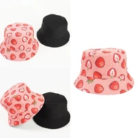 cute strawberry fruit print bucket hat reversible foldable panama fisherman cap unisex hip hop sunscreen foldable
