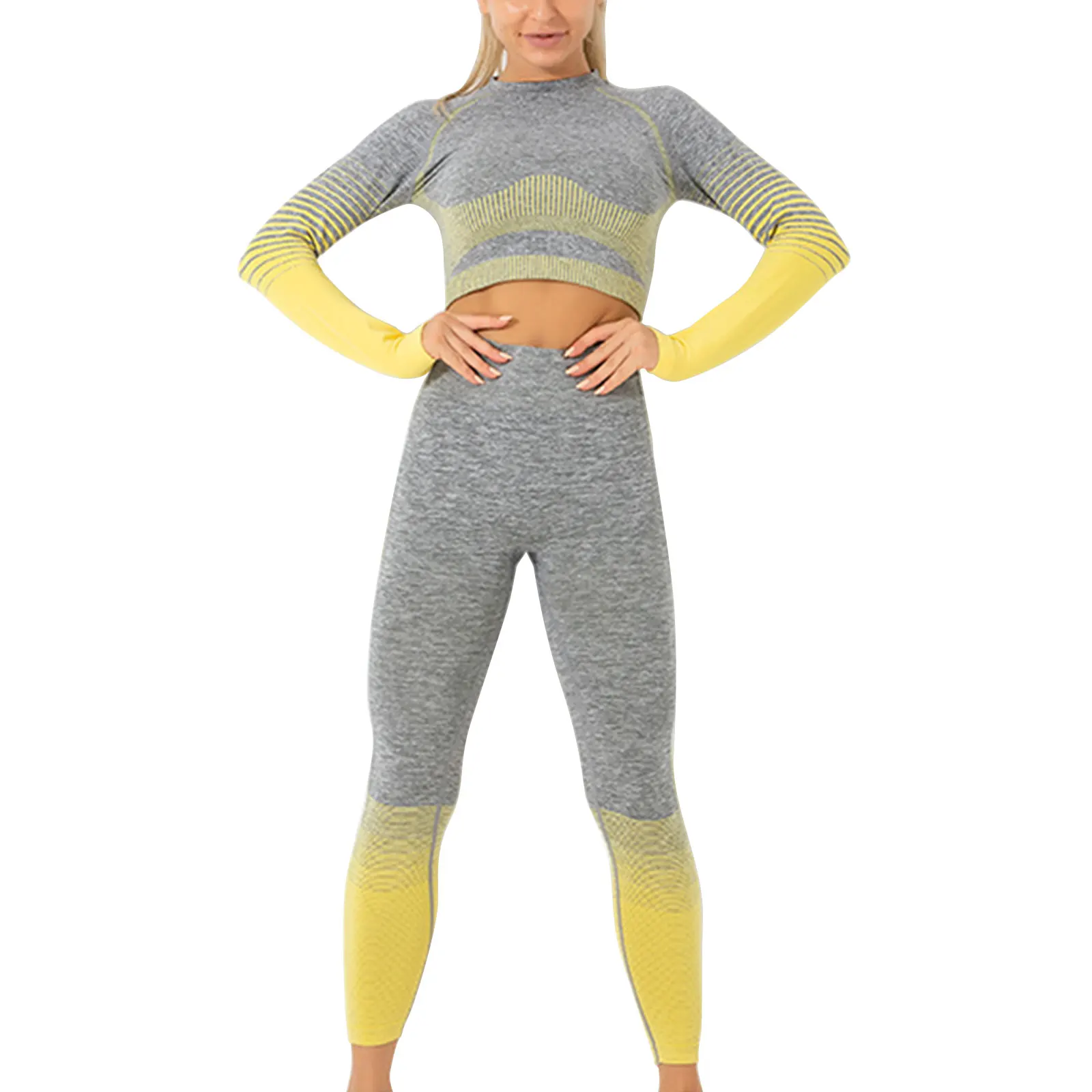 

Женский спортивный костюм из двух предметов для йоги в полоску с градиентом и длинным рукавом и брюки с высокой талией для фитнеса