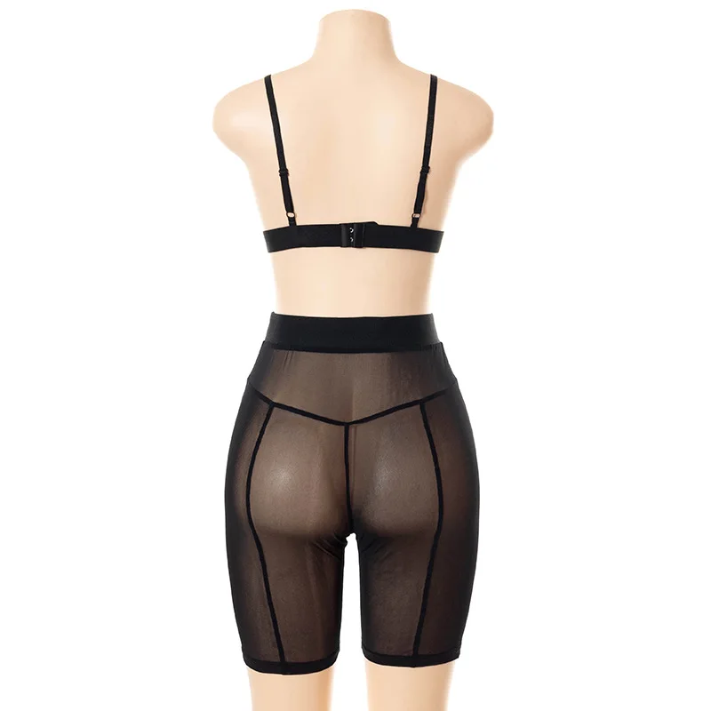 

ANJAMANOR Sexy Two Piece Set Black Sheer Mesh High Waist Biker Shorts Bikini Top Summer Clothes for Women Club Outfits D85-CZ11