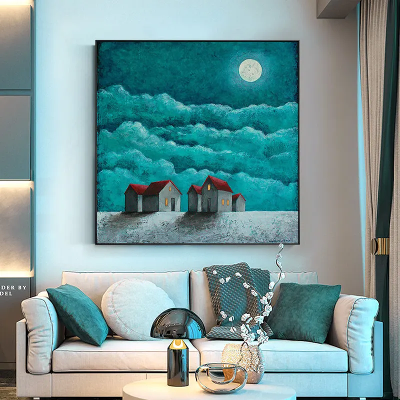 100% Hand Painted Silent Night Sky Oil Painting On Canvas Wall Art Frameless Picture Decoration For Living Rooms Home Decor Gift | Дом и сад
