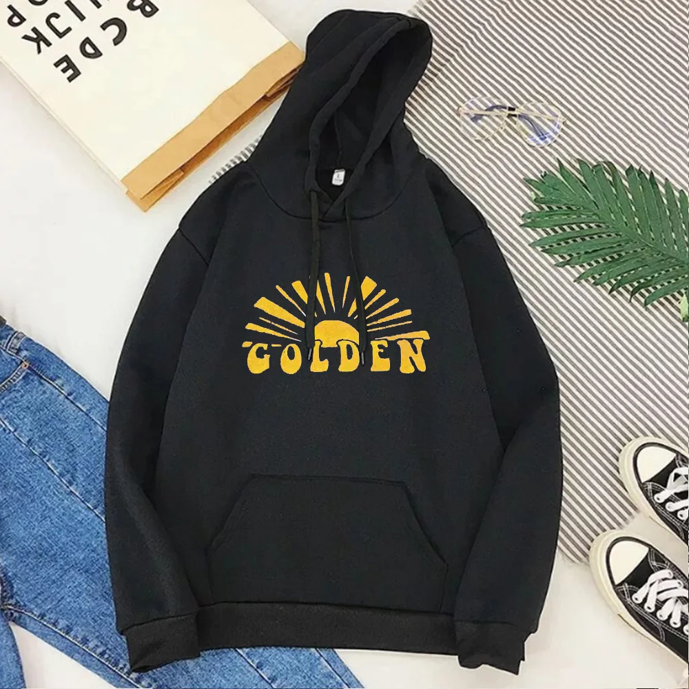 

Vintage Print Golden Hoodies Long Sleeve Fine Line Couple Clothes Oversized Vintage Styles 2021 Women Clothing