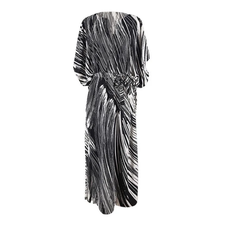 

WEPBEL Loose Dress Women's Casual Print Holiday Dress Summer Fashion Striped Long Sleeve O-Neck Beach Dress