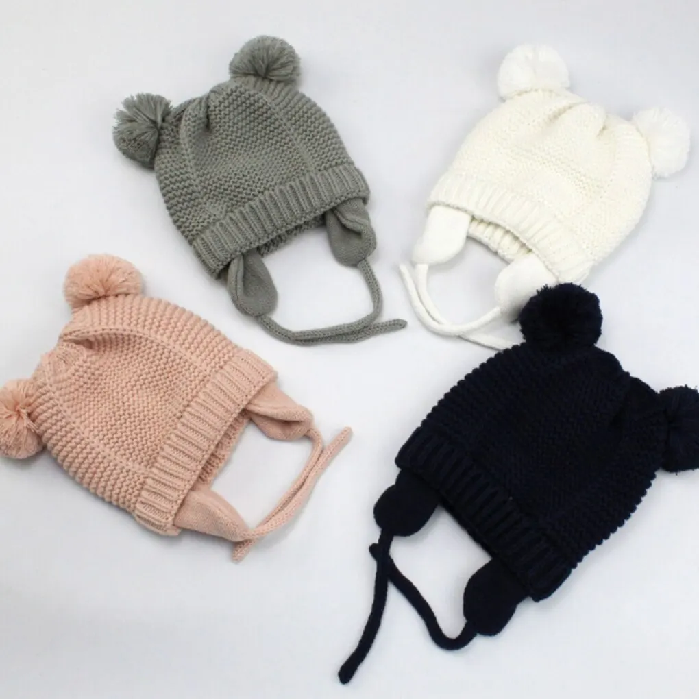 

Детская шапка с защитой ушей для новорожденных, теплая вязаная шапка с ушками, плюшевый шарик, осенне-зимняя детская шапочка