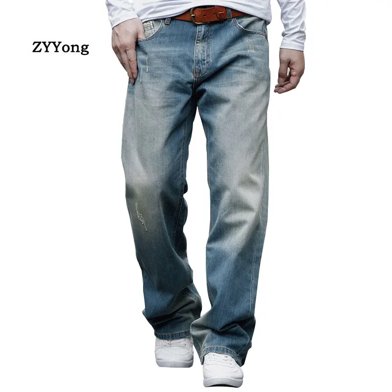 Купи Spring and Autumn Baggy Men Jeans Straight Large Size Wide Leg Denim Pants Cotton Loose Hip Hop Skateboard Blue Leisure Trousers за 1,832 рублей в магазине AliExpress