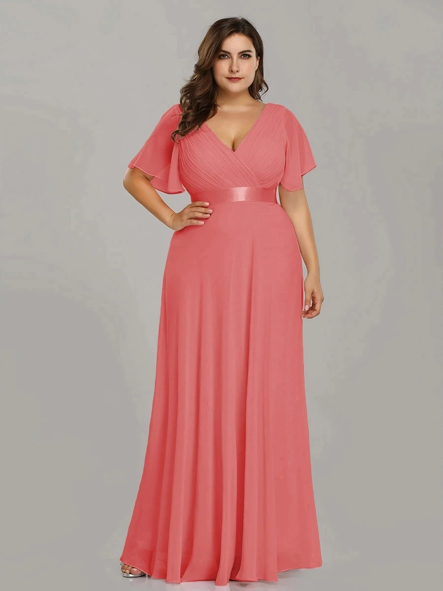 

Double V-Neck Ruffles Padded Plus Size Wholesale Evening Dresses